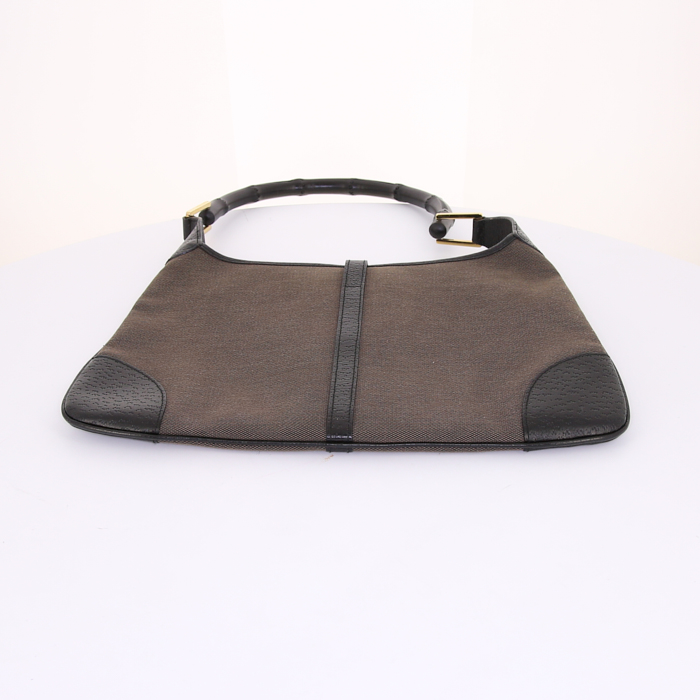 Gucci Jackie handbag in taupe canvas and black leather - Detail D4