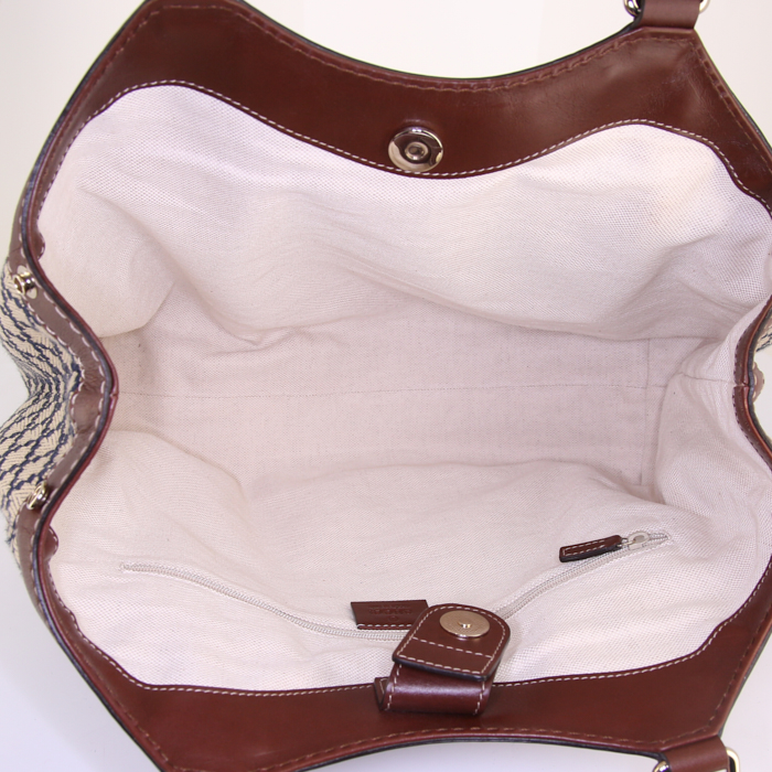 Gucci handbag in beige and navy blue canvas and brown leather - Detail D2