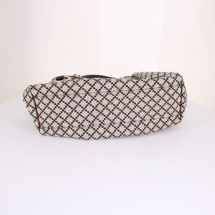 Sac à main Gucci en toile beige et bleu-marine et cuir marron - Detail D4
