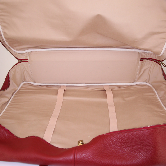 Hermès travel bag in beige coated canvas and red togo leather - Detail D2