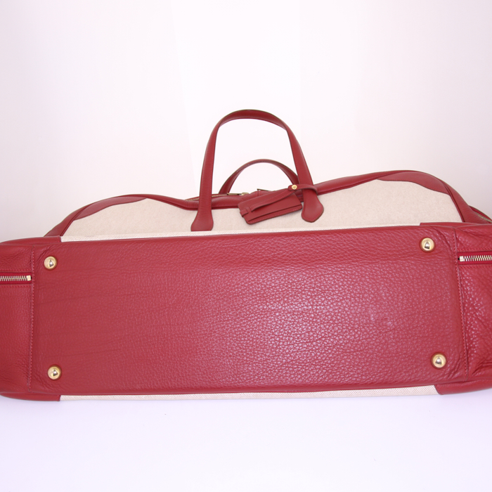 Sac de voyage Hermès en toile enduite beige et cuir togo rouge - Detail D4