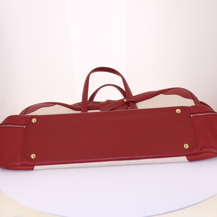 Hermès travel bag in beige coated canvas and red togo leather - Detail D5