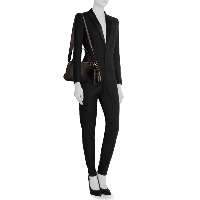 Bolso de mano Prada en cuero negro y junco marrón - Detail D2