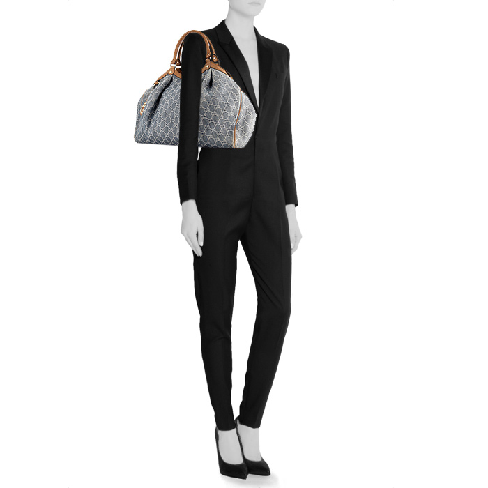 Shopping bag Gucci in tela denim monogram blu e pelle marrone - Detail D1