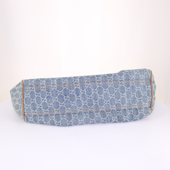 Shopping bag Gucci in tela denim monogram blu e pelle marrone - Detail D4