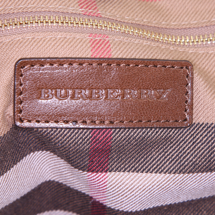 Burberry handbag in beige Haymarket canvas and brown leather - Detail D3