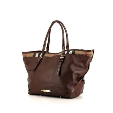 Sac à main Burberry en toile Haymarket beige et cuir marron