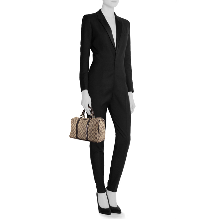 Bolso de mano Gucci Joy Boston en lona Monogram revestida beige gris y cuero esmaltado marrón oscuro - Detail D1