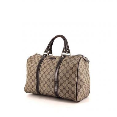 Bolso de mano Gucci Joy Boston en lona Monogram revestida beige gris y cuero esmaltado marrón oscuro