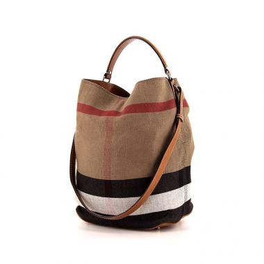 Bolso Cabás Burberry Ashby en lona Haymarket marrón y cuero marrón