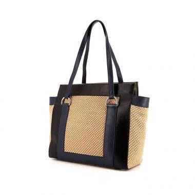 Bolso de mano Renaud Pellegrino en cuero negro y azul marino y raffia beige