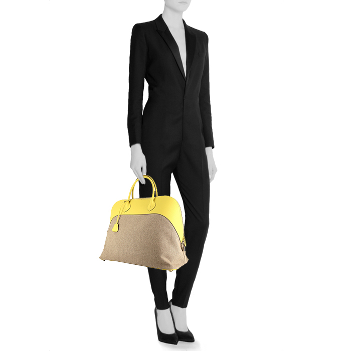 Sac de voyage Hermes Bolide - Travel Bag en cuir epsom jaune Lime et toile de lin - Detail D1
