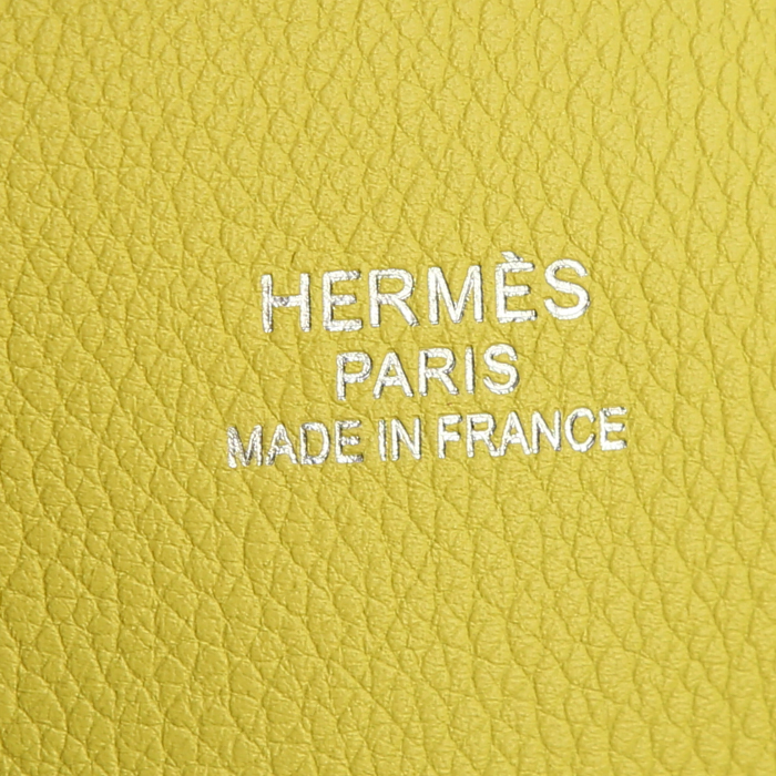 Sac de voyage Hermes Bolide - Travel Bag en cuir epsom jaune Lime et toile de lin - Detail D3