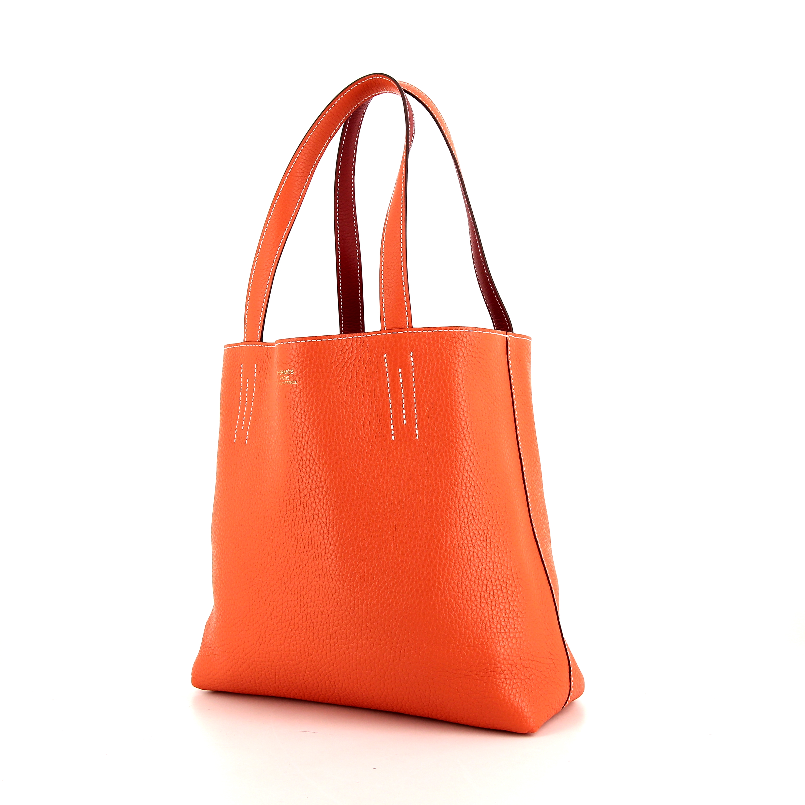 Sac cabas Hermes Double Sens en cuir togo rouge et orange - Detail D2