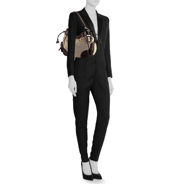 Prada Jacquard bag worn on the shoulder or carried in the hand in khaki logo canvas and dark brown leather - Detail D1