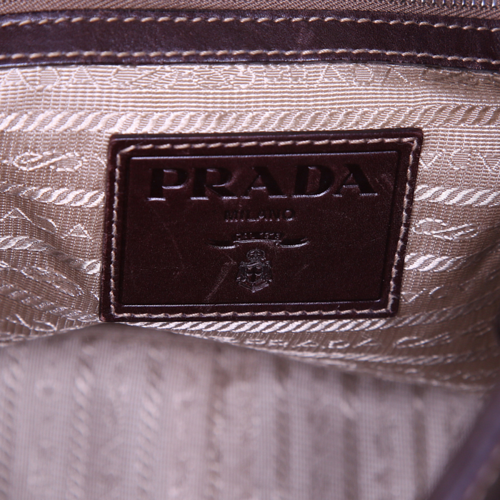 Borsa da spalla o a mano Prada Jacquard in tela siglata verde kaki e pelle marrone scuro - Detail D3