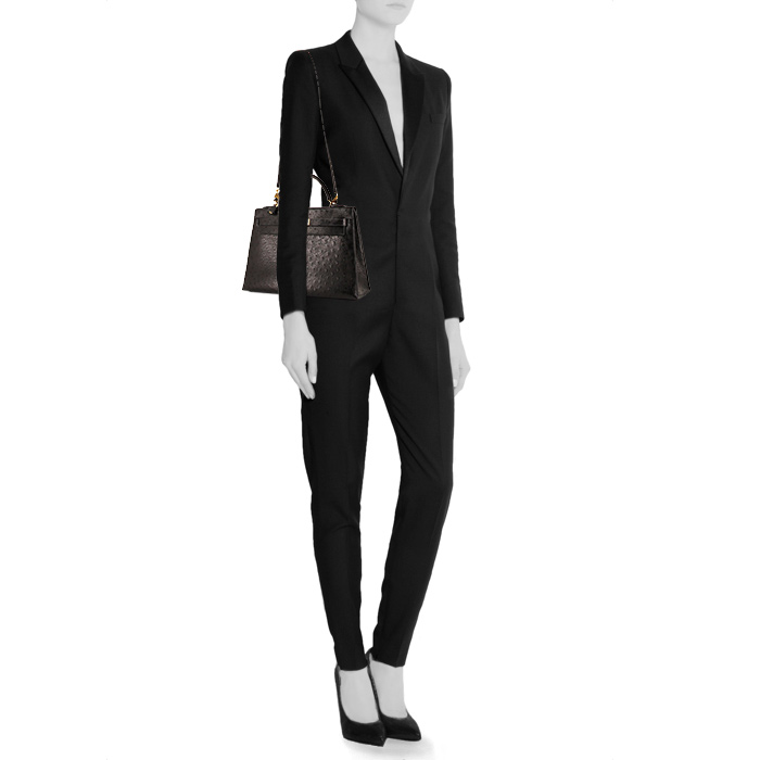 Borsa Hermes Kelly 32 cm in struzzo nero - Detail D2