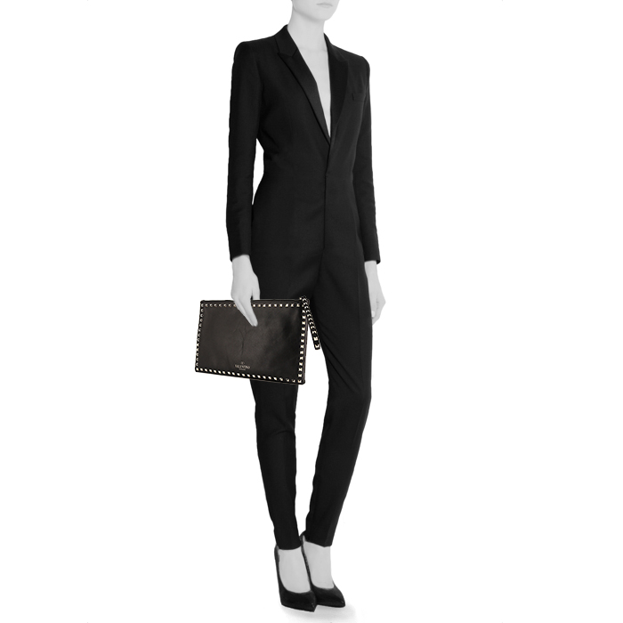 Pochette Valentino Garavani Rockstud en cuir noir - Detail D1