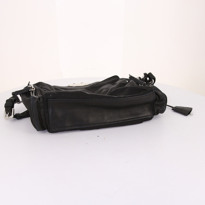 Prada Antic Buckles handbag in black leather and black canvas - Detail D4