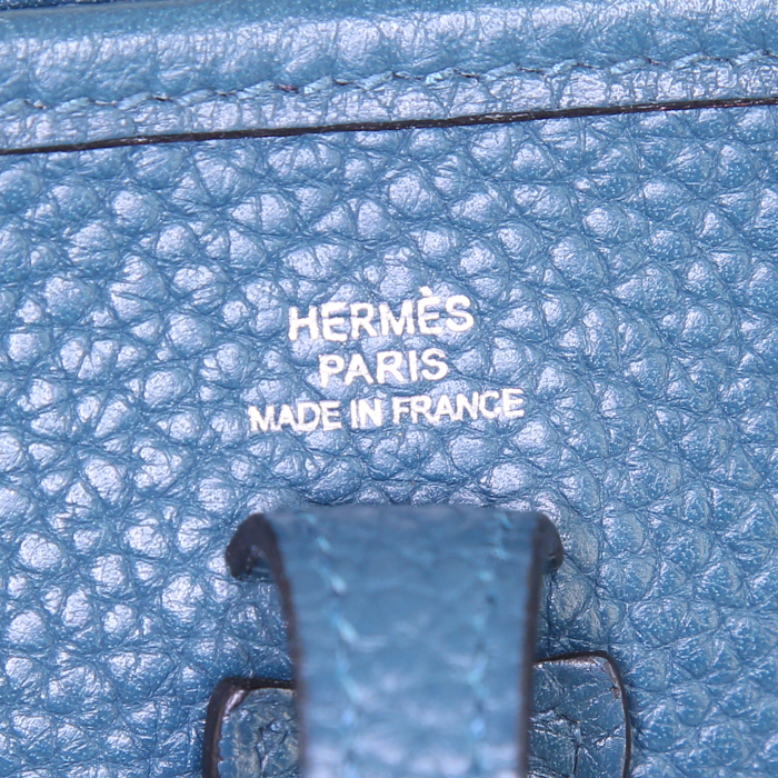 Bolso bandolera Hermès Mini Evelyne en cuero togo azul verdoso y lona turquesa - Detail D3