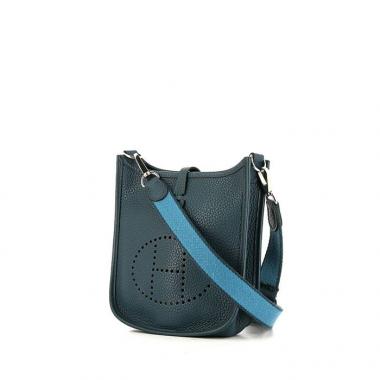 Sac bandoulière Hermès Mini Evelyne en cuir togo bleu-canard et toile turquoise
