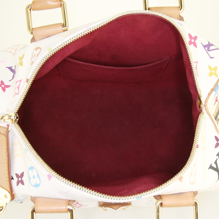 Borsa Louis Vuitton Speedy Editions Limitées in tela monogram multicolore bianca e pelle naturale - Detail D2