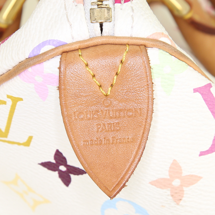 Bolso de mano Louis Vuitton Speedy Editions Limitées en lona Monogram multicolor blanca y cuero natural - Detail D3