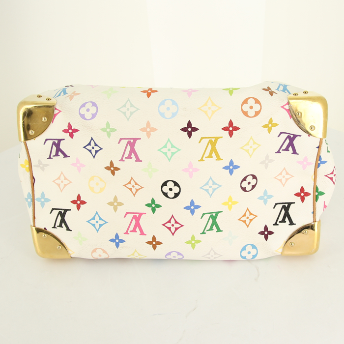 Bolso de mano Louis Vuitton Speedy Editions Limitées en lona Monogram multicolor blanca y cuero natural - Detail D4