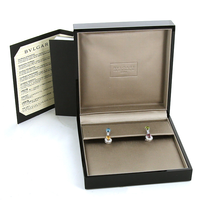 Pendientes colgantes articulados Bulgari Allegra en oro blanco,  diamantes y piedras de colores - Detail D2