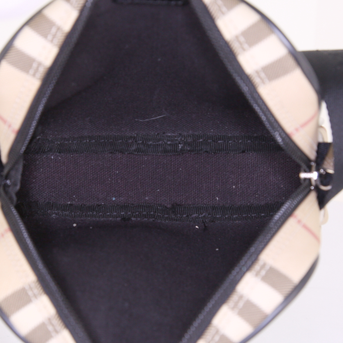 Pochette Burberry en toile Haymarket beige et cuir noir - Detail D2