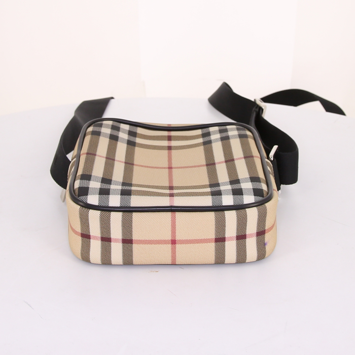 Pochette Burberry in tela Haymarket beige e pelle nera - Detail D4
