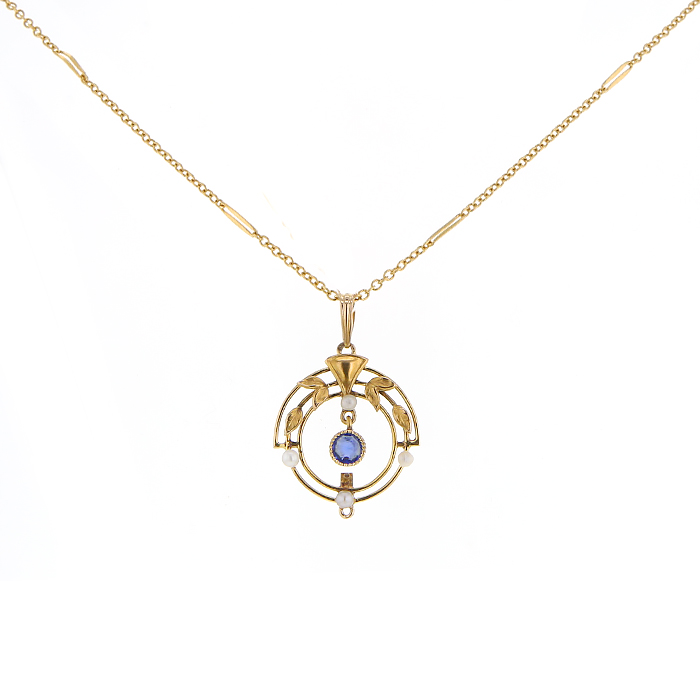 Collier époque Art Nouveau Vintage en or jaune,  perles et saphirs