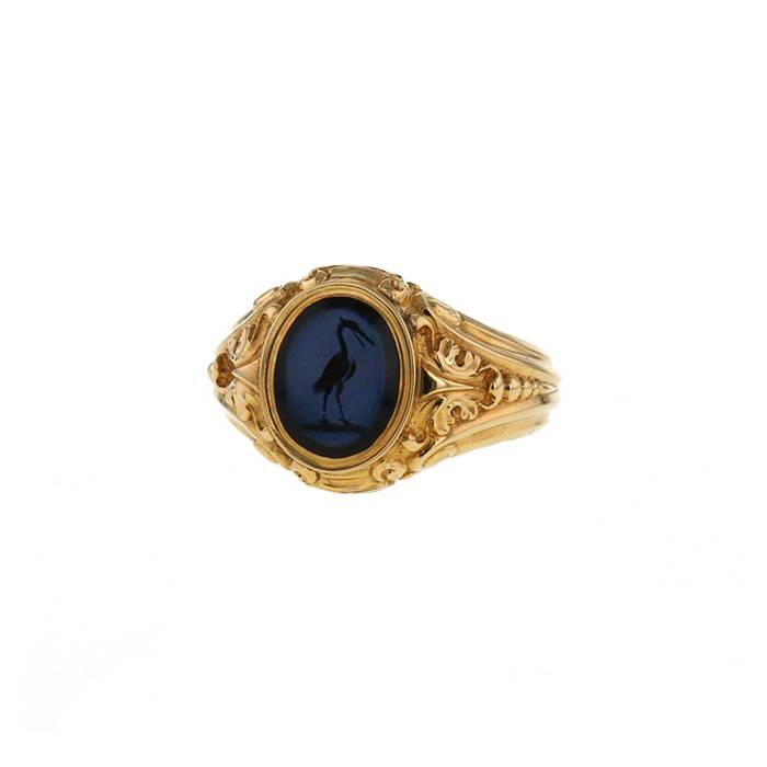Bague chevalière Vintage en or jaune et agate bleue