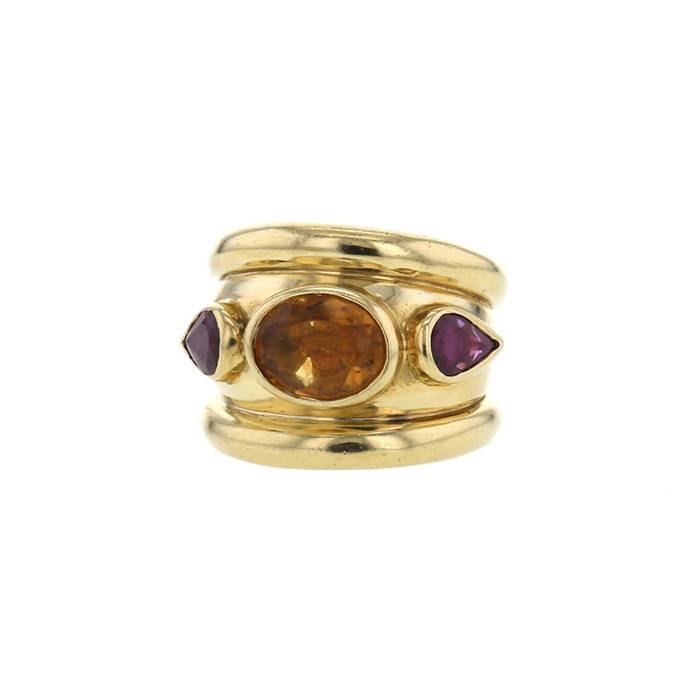 Sortija época años 80 Vintage en oro amarillo,  citrino y turmalinas rosas