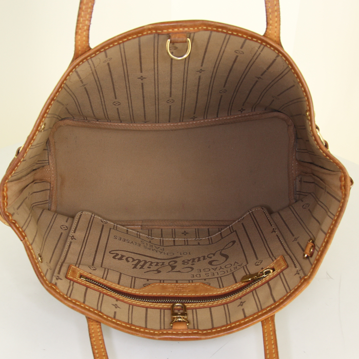 Louis Vuitton Neverfull small model shopping bag in monogram canvas and natural leather - Detail D2