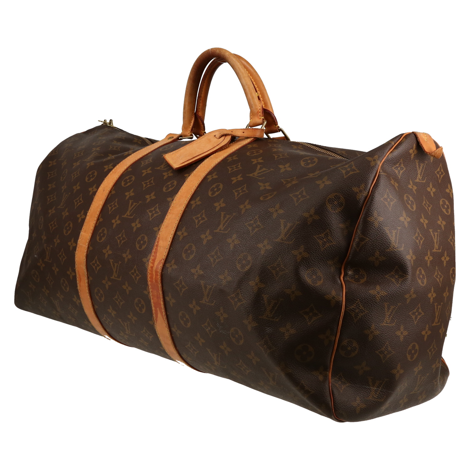 Sac de voyage Louis Vuitton  Keepall 60 en toile monogram marron et cuir naturel - Detail D2