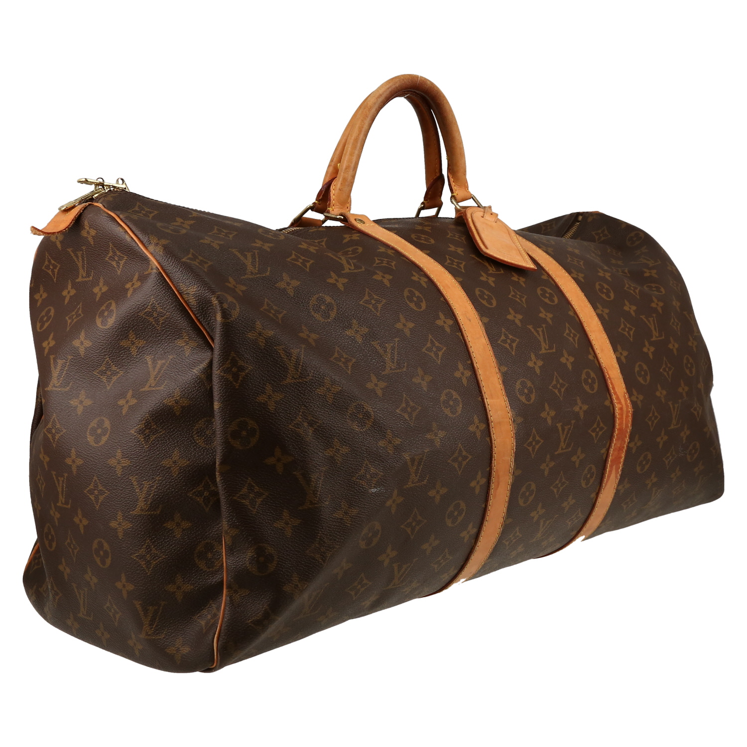 Borsa da viaggio Louis Vuitton  Keepall 60 in tela monogram marrone e pelle naturale - Detail D3