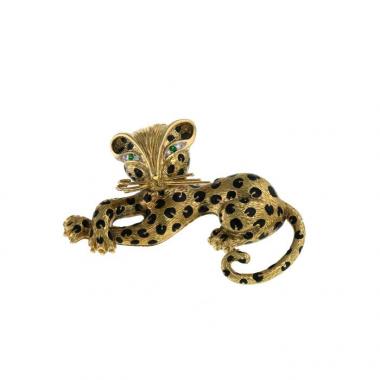 Fred Panthère 1980's brooch-pendant in yellow gold,  enamel and emerald