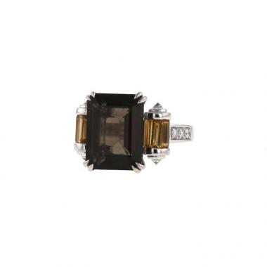 Mauboussin Couleur Baiser ring in white gold,  citrine and diamonds and in smoked quartz