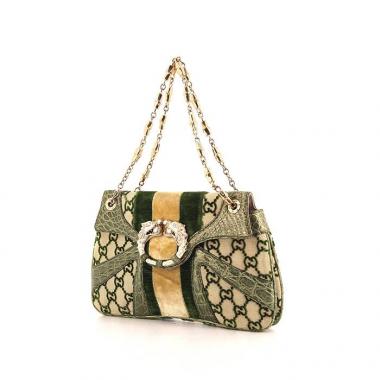 Sac à main Gucci Dragon en toile monogram beige et cuir vert