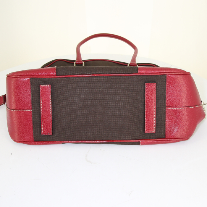 Sac à main Prada Vintage en toile marron et cuir rouge - Detail D4