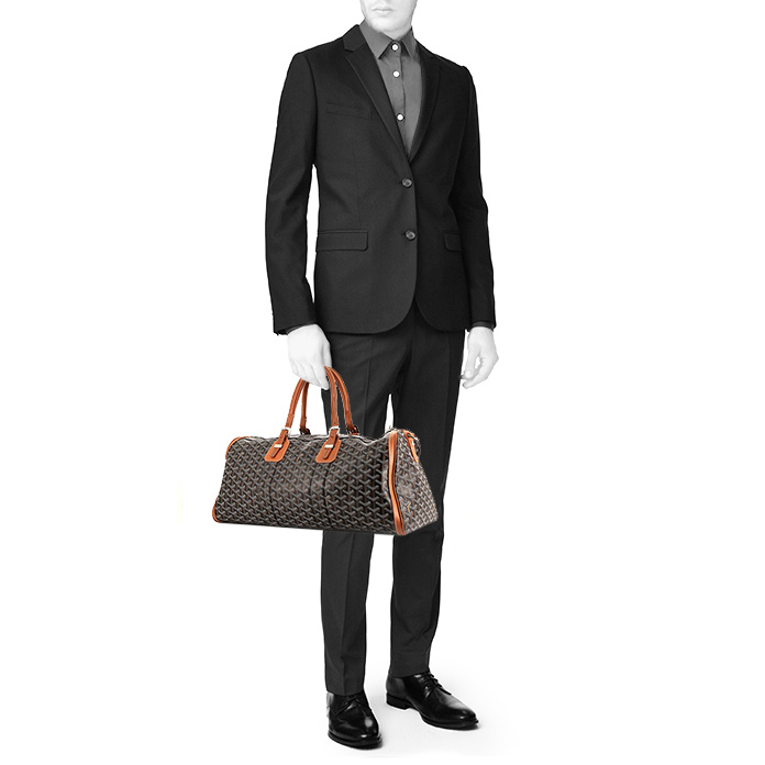 Borsa da viaggio Goyard in tela monogram cerata nera e pelle marrone - Detail D1