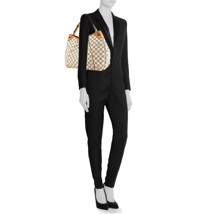 Louis Vuitton Galliera medium model shopping bag in azur damier canvas and natural leather - Detail D1