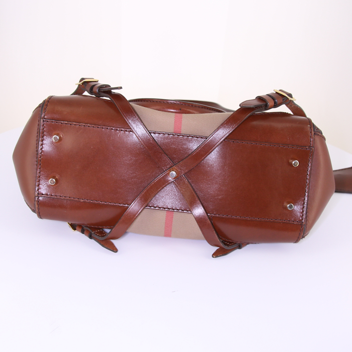 Borsa Burberry in tela Haymarket marrone e pelle marrone - Detail D5