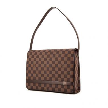 Borsa a spalla Louis Vuitton Tribeca in tela cerata con motivo a scacchi marrone e pelle lucida marrone