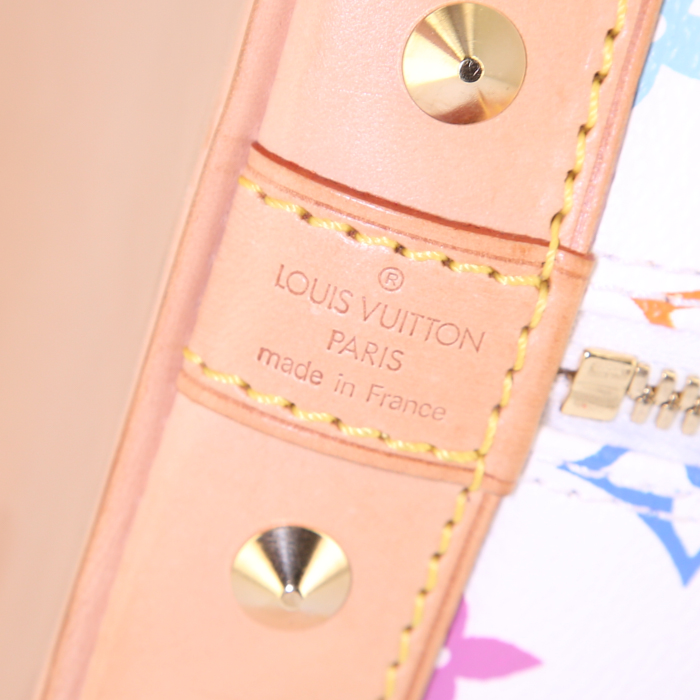 Bolso de mano Louis Vuitton Alma en lona Monogram multicolor blanca y cuero natural - Detail D3