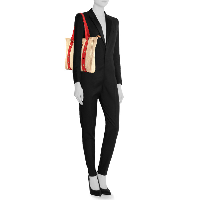 Sac cabas Louis Vuitton Antigua moyen en toile beige-écru et rouge - Detail D1