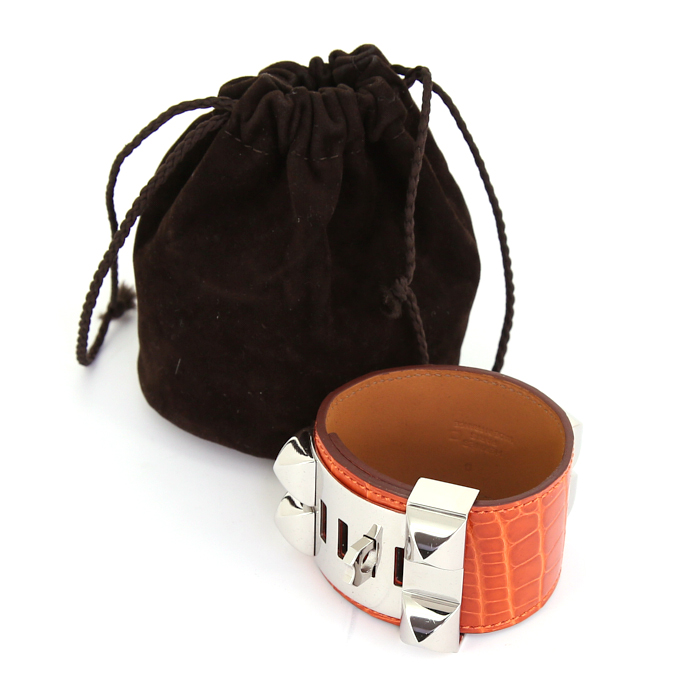Bracelet manchette Hermes Médor en palladium et cuir orange