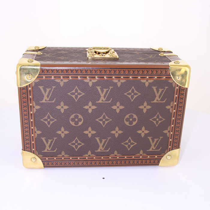 Baul Louis Vuitton modelo pequeño en lona Monogram marrón y cuero natural - Detail D4