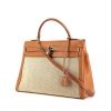 Hermes Kelly 32 cm handbag in gold box leather and beige canvas - 00pp thumbnail